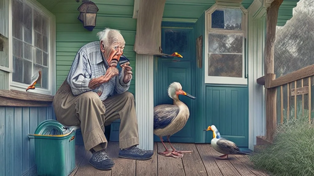 confused older man talking on the phone on his porch trying to get the ducks to leave