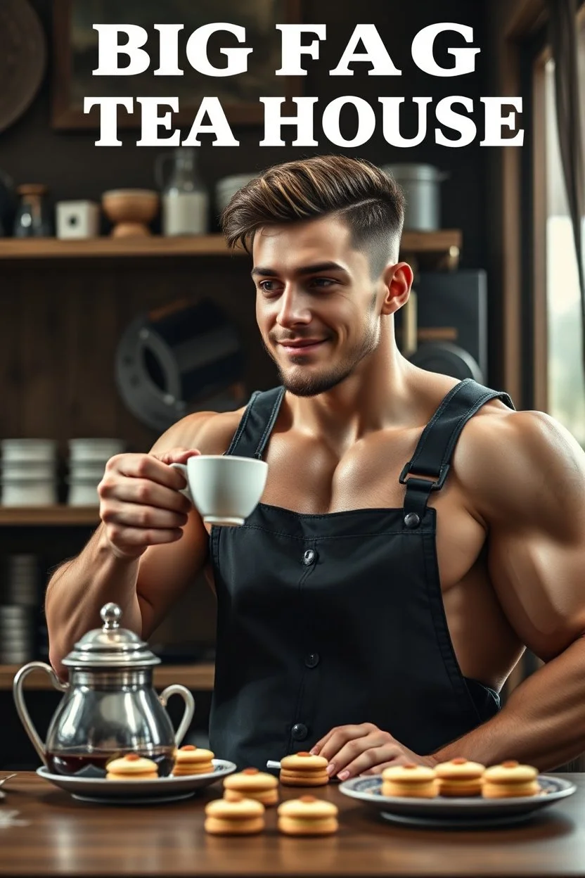 a young mechanic man with huge muscles and his top off enjoying high tea by himshelf with little cakes, with large title( BIG FAG TEA HOUSE)