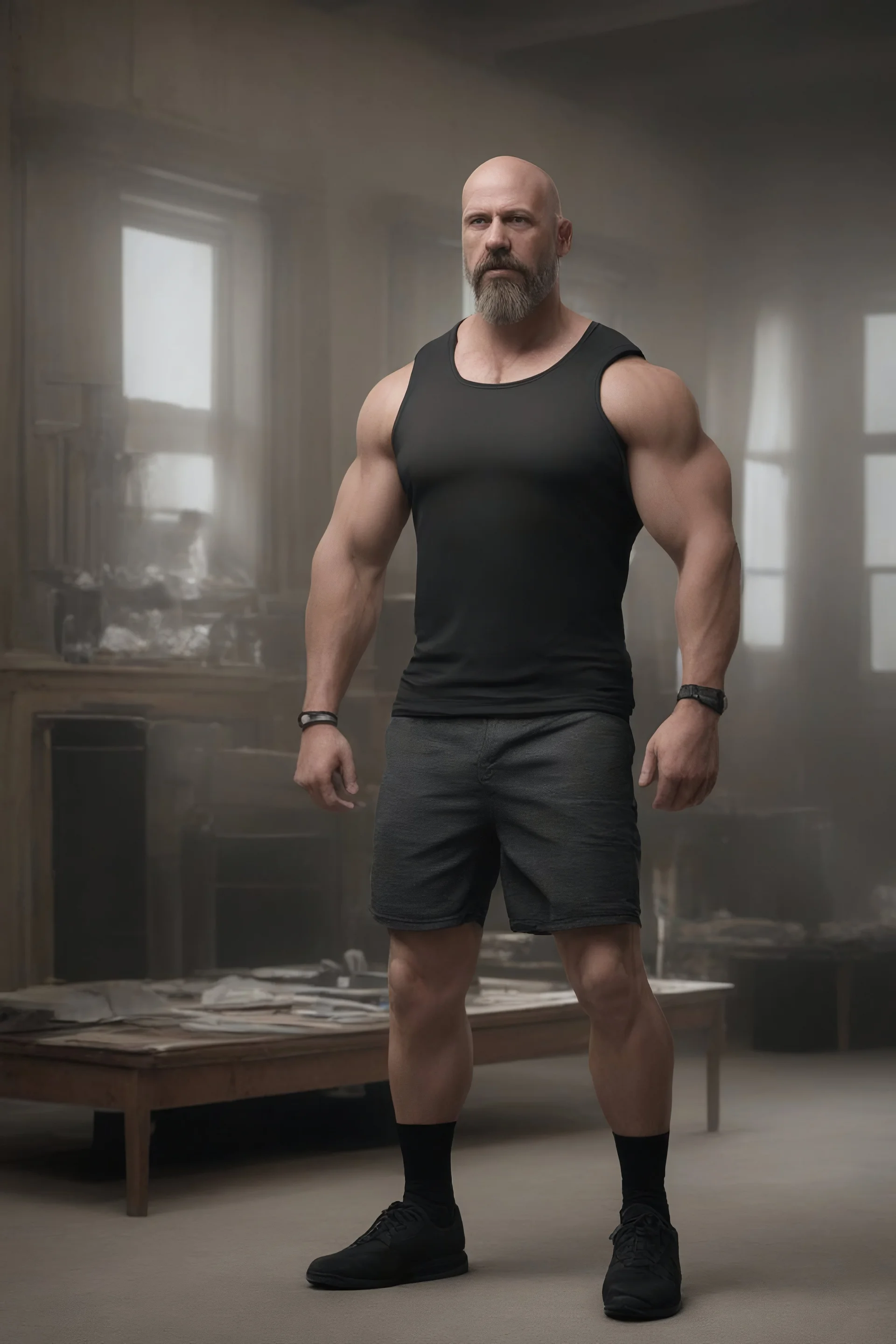 ProtoVision - Absolute Reality - Realism Engine XL - PhotoReal, What if Molly Ringwald was an extremely muscular man with a goatee, wearing a black muscle shirt and Bermuda shorts, 4k, 8k, 32k UHD, Hyper realistic, extremely colorful, vibrant, photorealistic, realistic, sharp, highly detailed, professional quality, beautiful, awesome, majestic, superb, trending on artstation, pleasing, lovely, Cinematic, gorgeous,