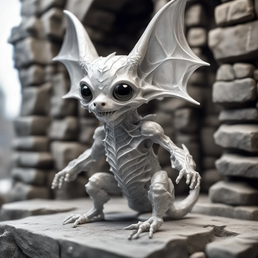 giger escher bat kobold sculpture in transparent white murano glass in front of crumbeling stone wall,bokeh like f/0.8, tilt-shift lens 8k, high detail, smooth render, down-light, unreal engine,bokeh like f/0.8, tilt-shift lens 8k, high detail, smooth render, down-light, unreal engine