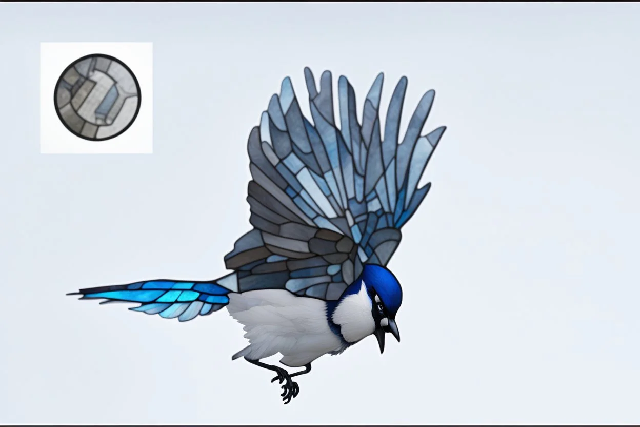 vitrail d'un geai bleu ailes déployées cyberpunk
