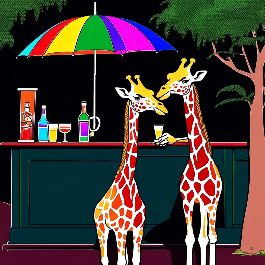 very Gay Giraffes standing in a bar drinking umbrella drinks