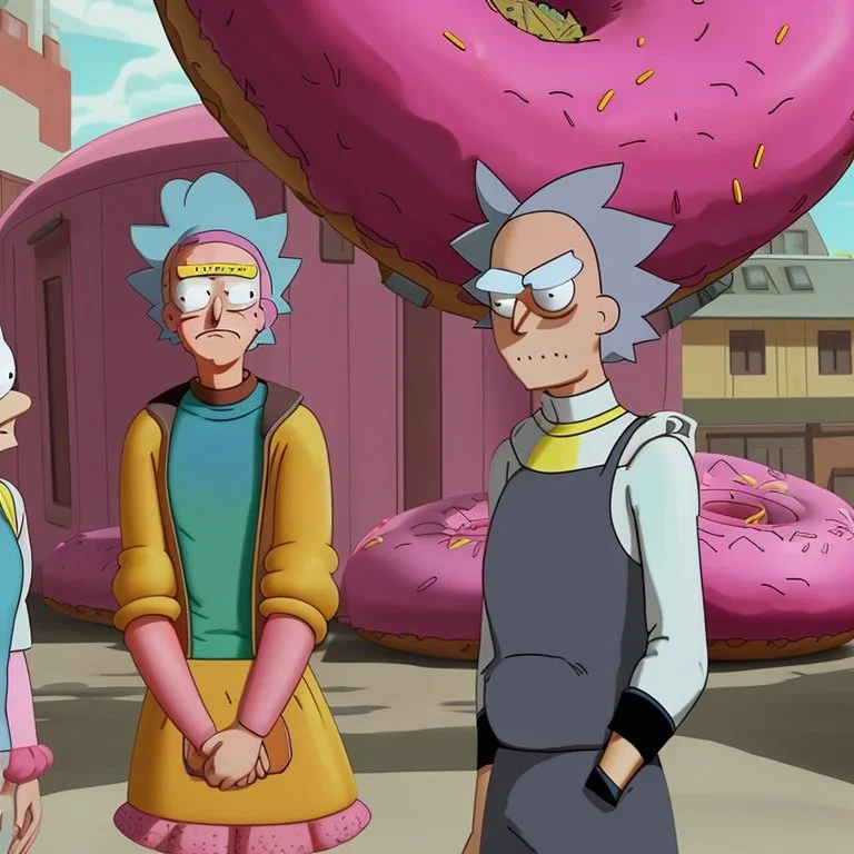 Morty staring at a giant pink donut, while Rick explains his plan to steal the recipe of the Krusty Burgers.