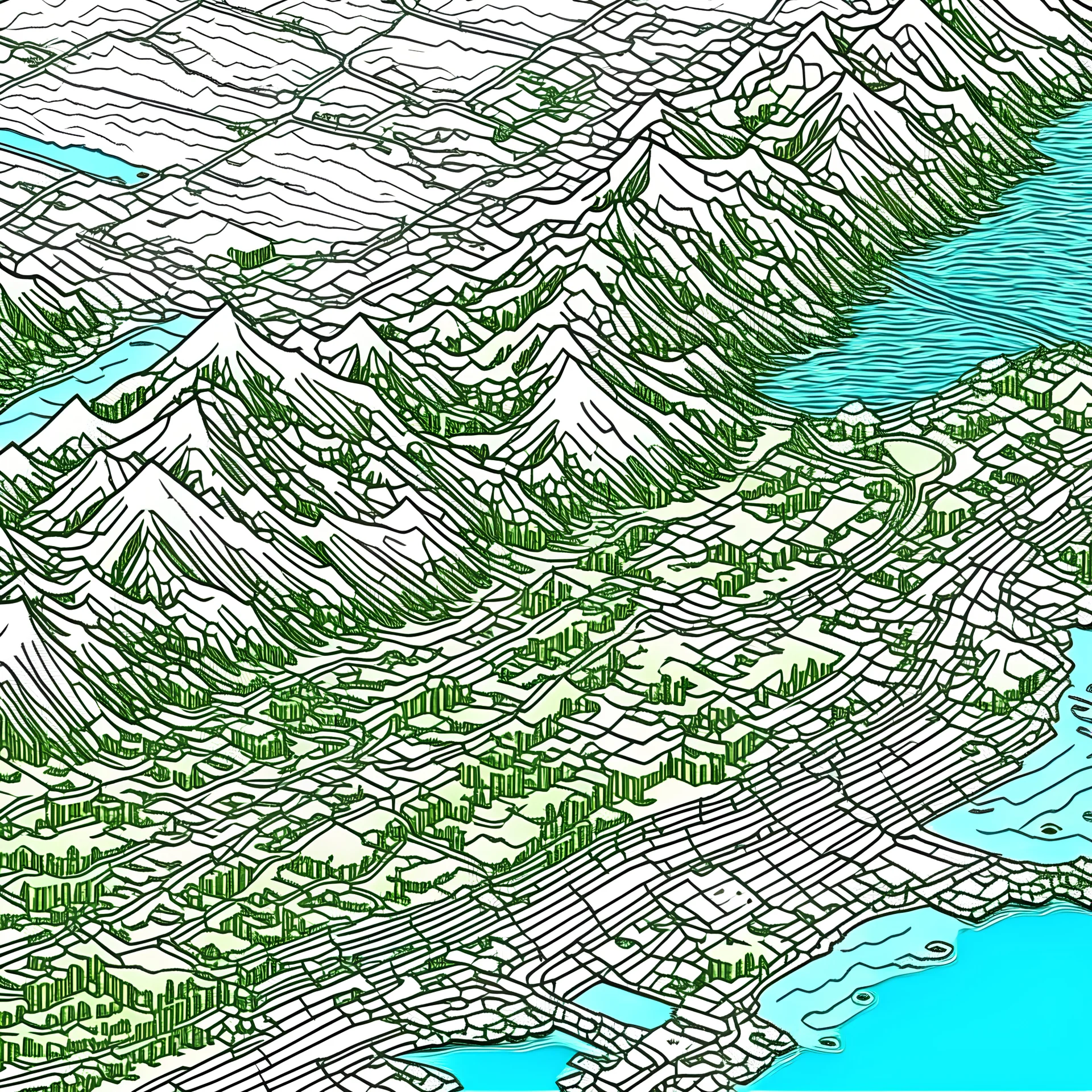 Topographic map, mountain, Lake, city, illustration, handdrawn