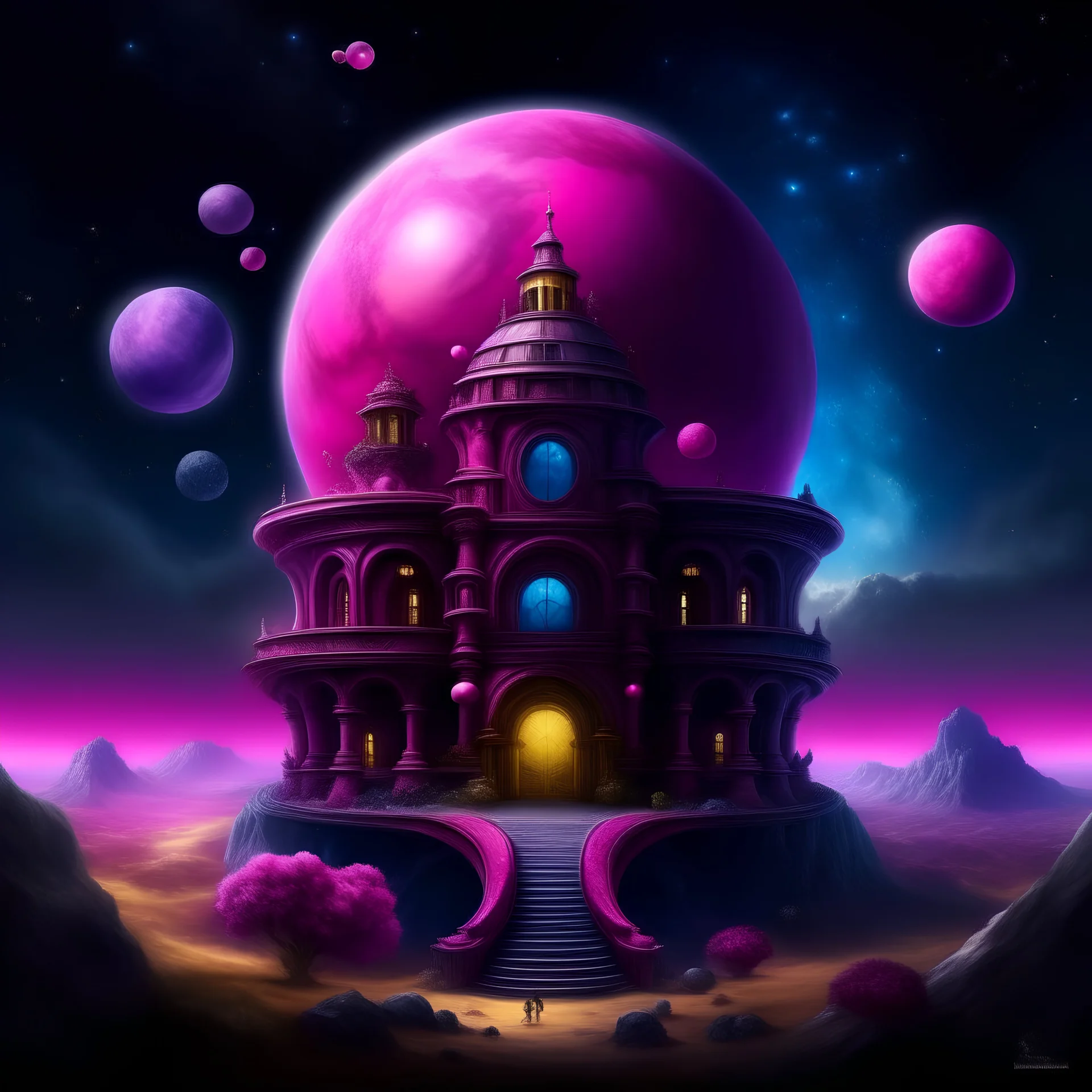 A magenta magical observatory in a galaxy with planets painted by Giovanni Battista Sassi