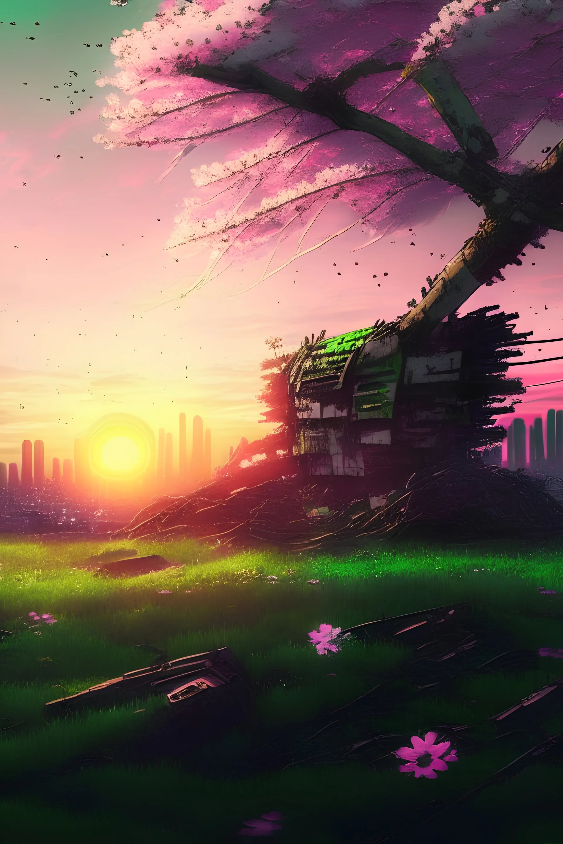 cyberpunk, falling cherry blossom, green fields, japanese, japan, neo-feudal post-apocalypse, sunset, HDR, high detail, 4d