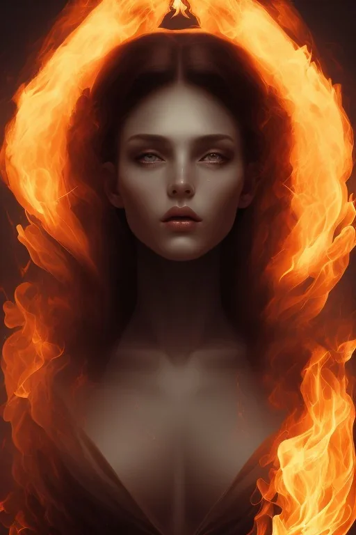 Dark moody night atmosphere, Fire theme art, Portrait of a woman by Michelangelo, 8K, close-up face, anatomically perfect face,