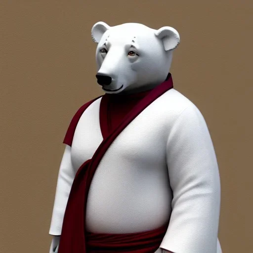 Un ours blanc, réaliste, habillé comme un moine bouddhiste, anthropomorphique, sombre, très détaillé, représentation 3d, un maximum de détail