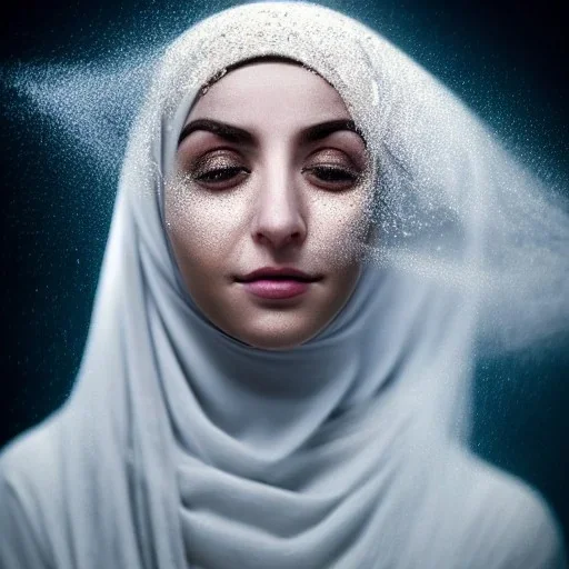 close-up portrait of woman in hijab partly dissolved into dust, morphing into blowing dust, particles, pixels, fine detail, highly intricate, wearing bridal veil, modern surrealism painting, defined cracks and breaks, high-quality, volumetric lighting, 8k, ultrahd, George Grie, Marco Escobedo, Igor Morski,Brian Froud, Howard Lyon, Selina French,