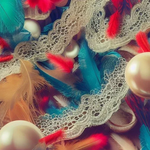 delicate arrangement of lace pearls and feathers, chiaroscuro, vivid colors, festive colors, dramatic lighting, beautiful composition, aesthetic layout