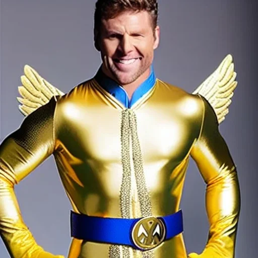 A superhero man with a sky blue spandex suit. He has a sky blue mask on, blue eyes, freckles, dimples, and curly dark brown hair. He's wearing gold boots and gold artist gloves with a white belt and has a gold M on his chest. His boots have small feathered wings on them, and his shoulders have shoulder pads. He is smiling