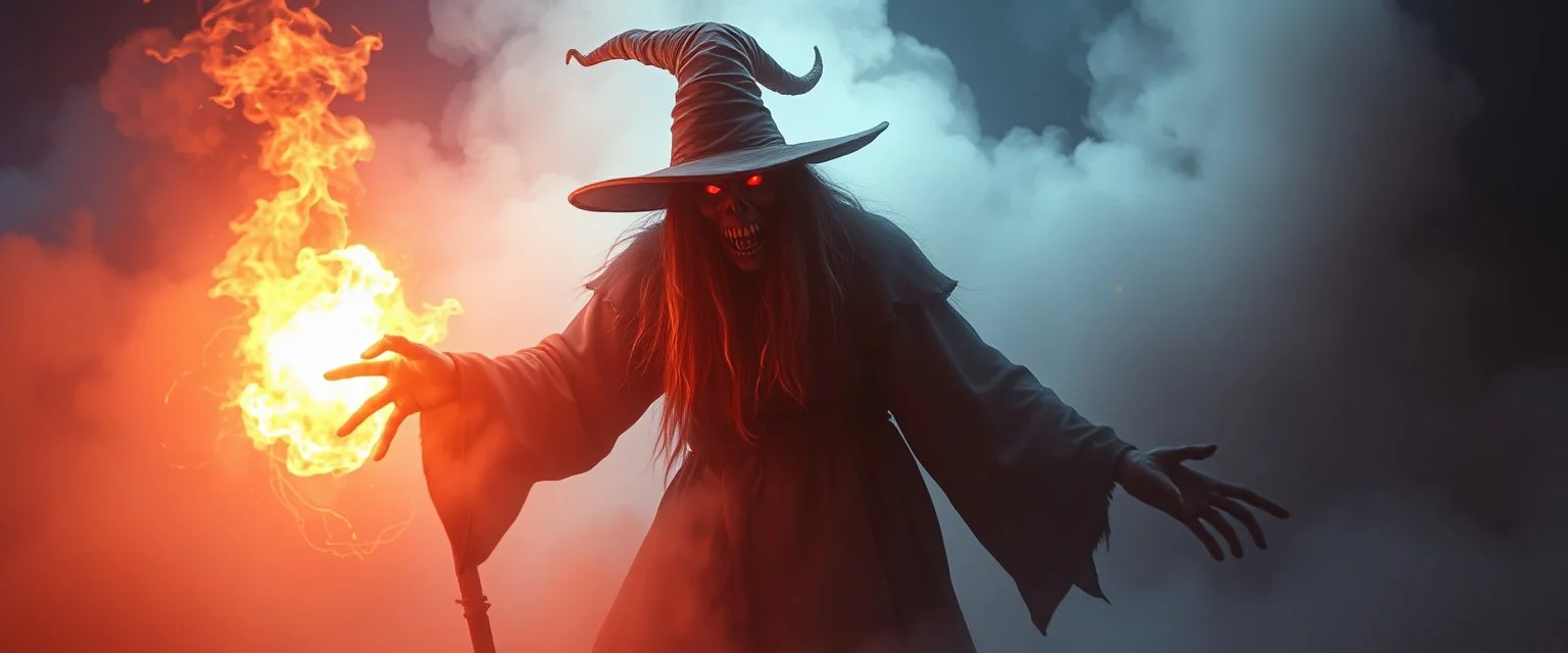 horrible witch rendered in awesome fog and light, says:"What is the password?"