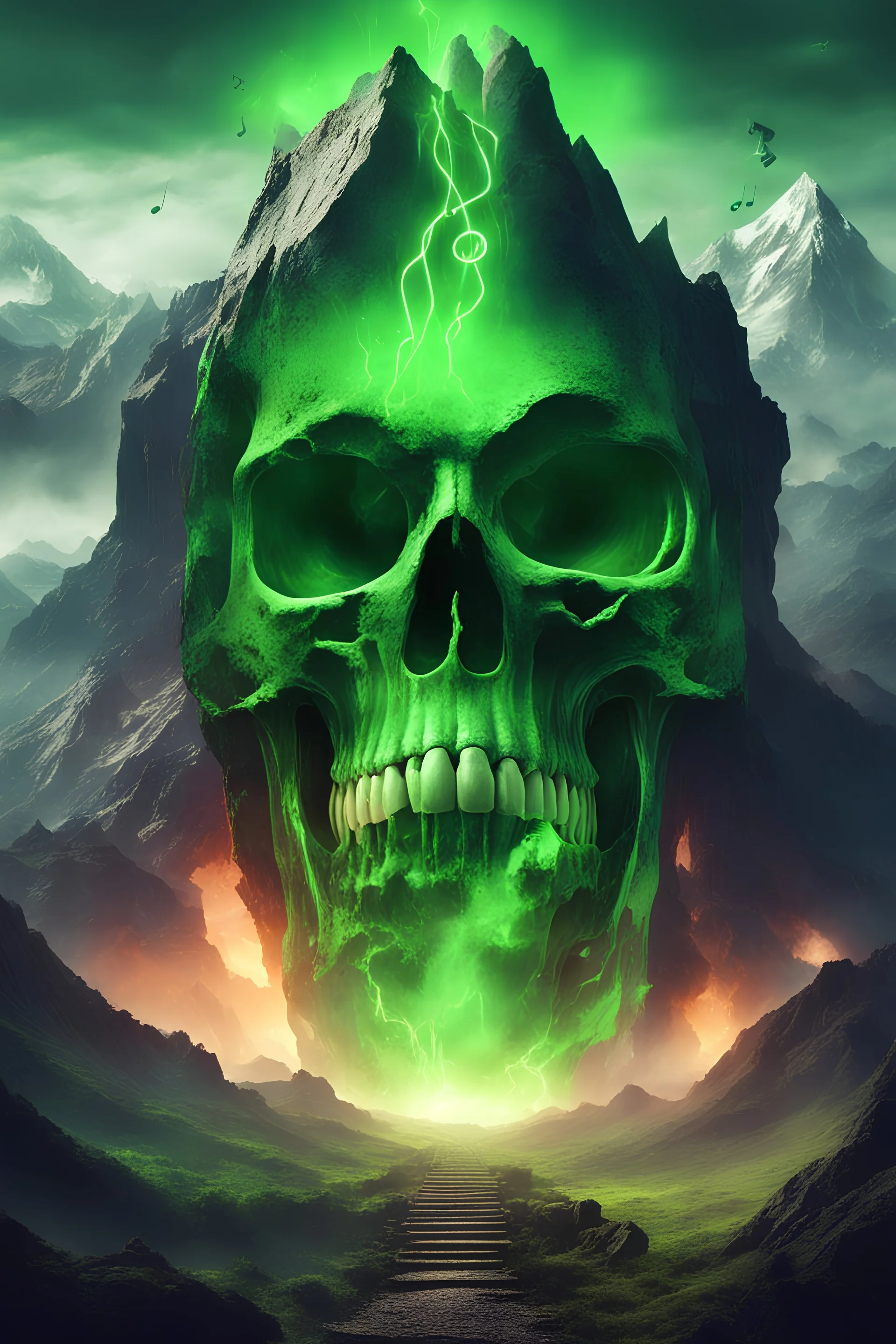 huge glowing green skull screeching and destroying the mountains near it around it glowing with music notes around the area and the energy is destroying the area