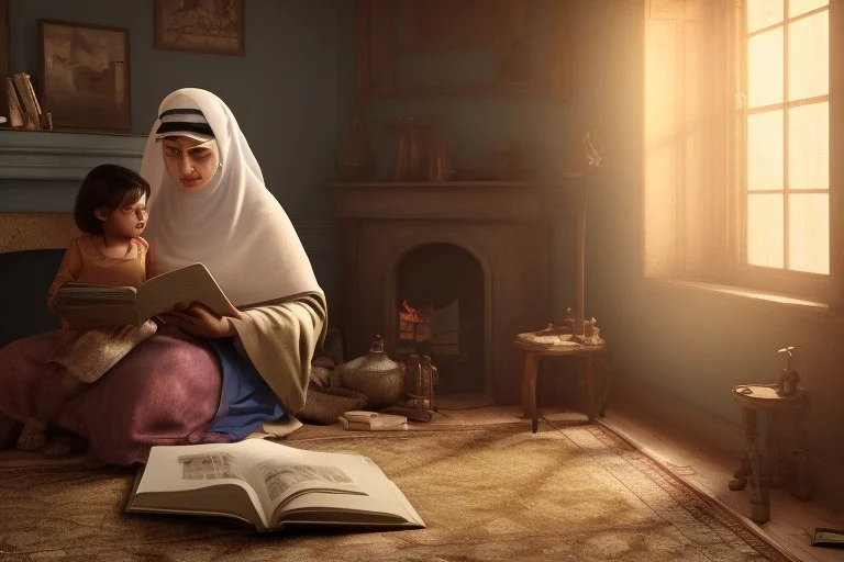 A close-up scene of an Arab mother reading the story from a book with her children around her in the room of the old wooden house near the fireplace 100 years ago.