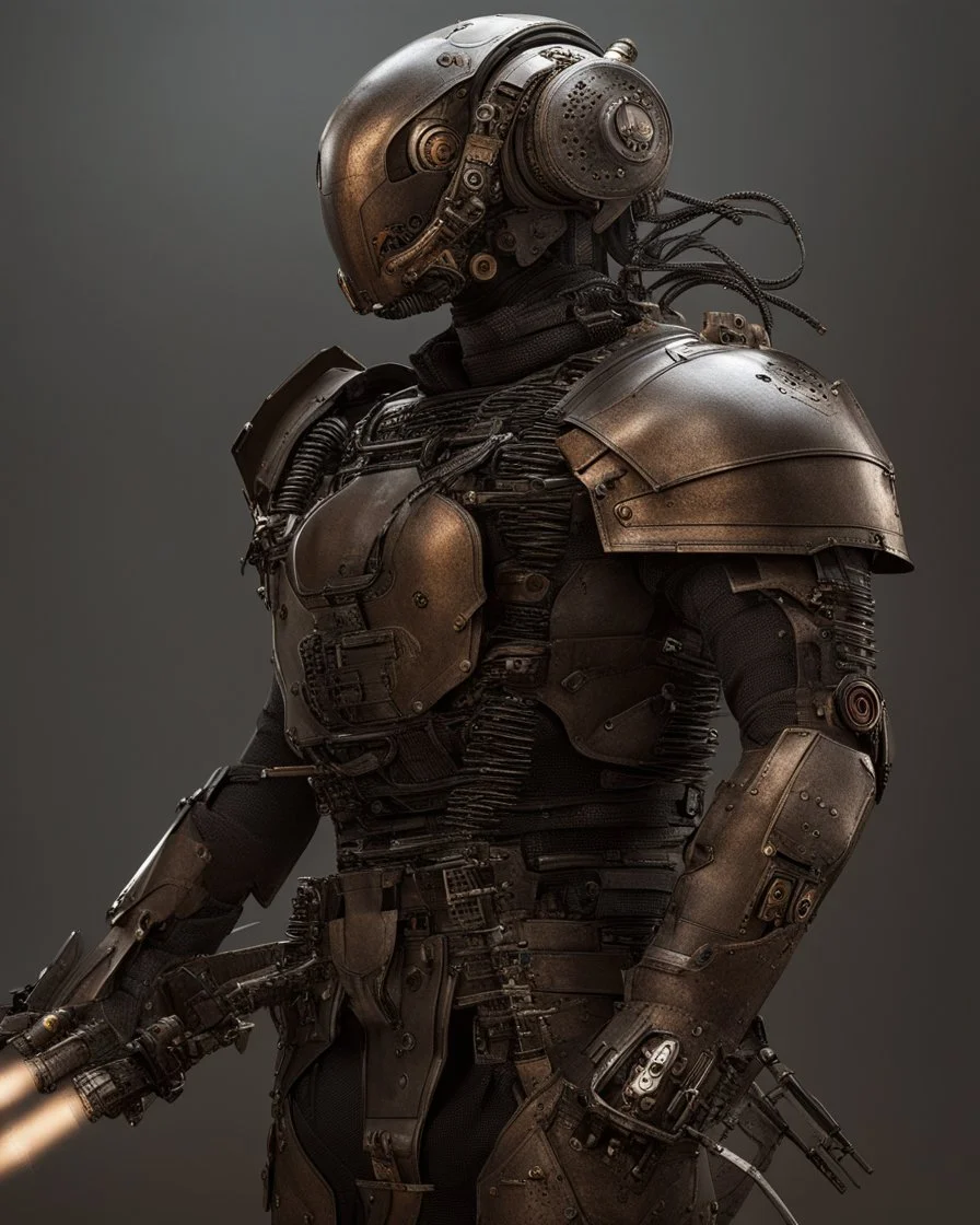 A brave iranian warrior with leather and metal combat clothes robotic metal