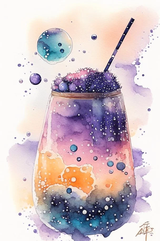 celestial cosmic boba bubble tea drink in fantasy universe in watercolor style