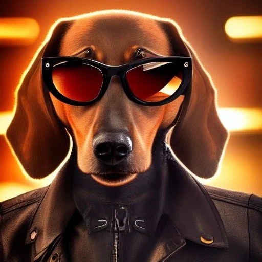 cute male daschund with the body of a human, wearing a leather jacket and sunglasses, pixar style, disney, dramatic, dramatic lighting, volumetric lighting, hyperrealism, 8k, high quality, photorealistic, lot of details