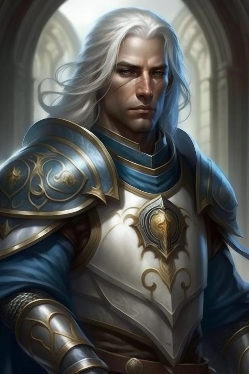 Please create an image for a 30-year old half-aasimar male with silver hair and blue eyes. He is a cleric of Selune, whose symbol should be placed on the cleric's shield, if visible in the image. The cleric should be wearing either medium or heavy armor, and carrying a warhammer or a mace and a shield