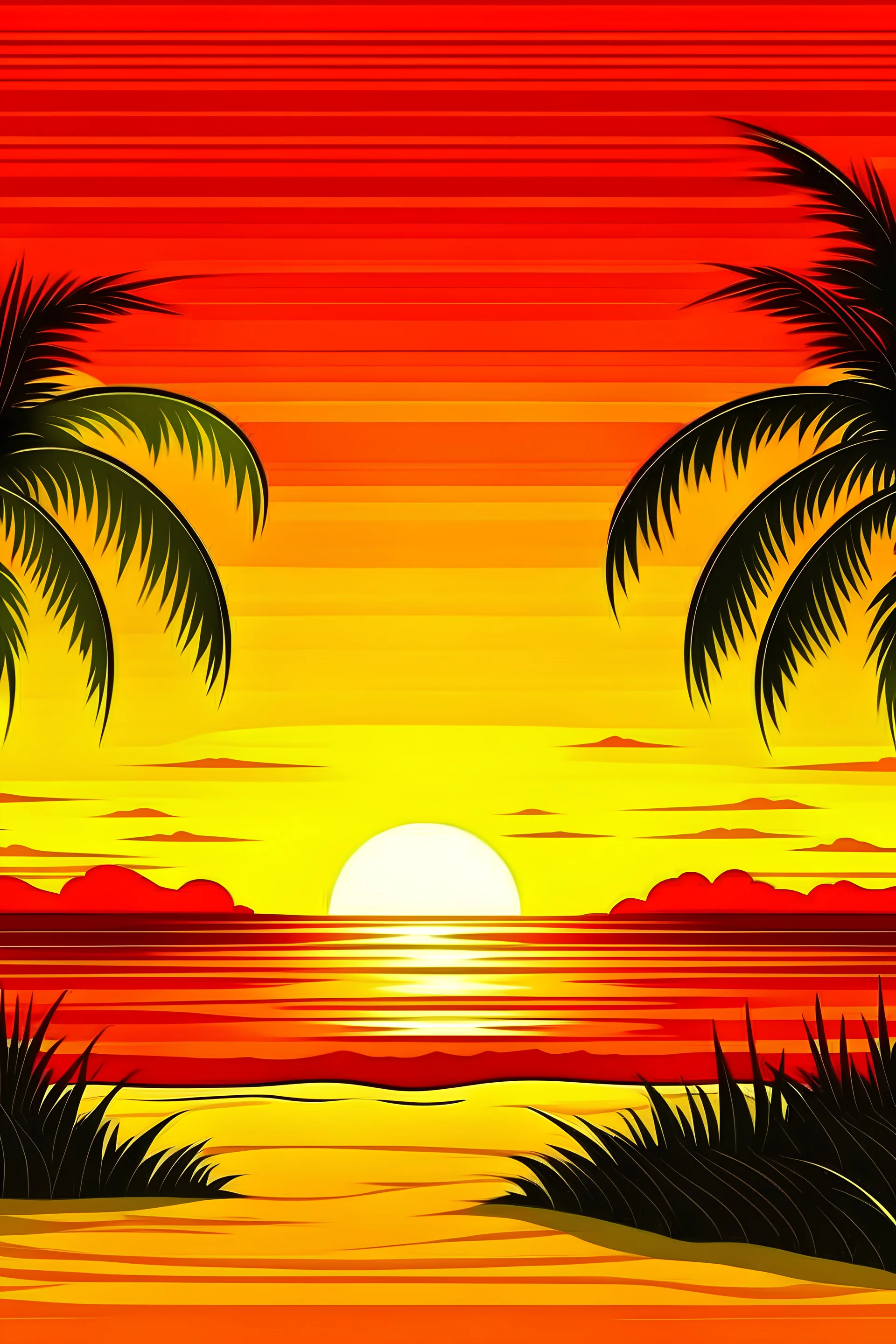 sunset at the beach with palm trees with background red blue and yellow
