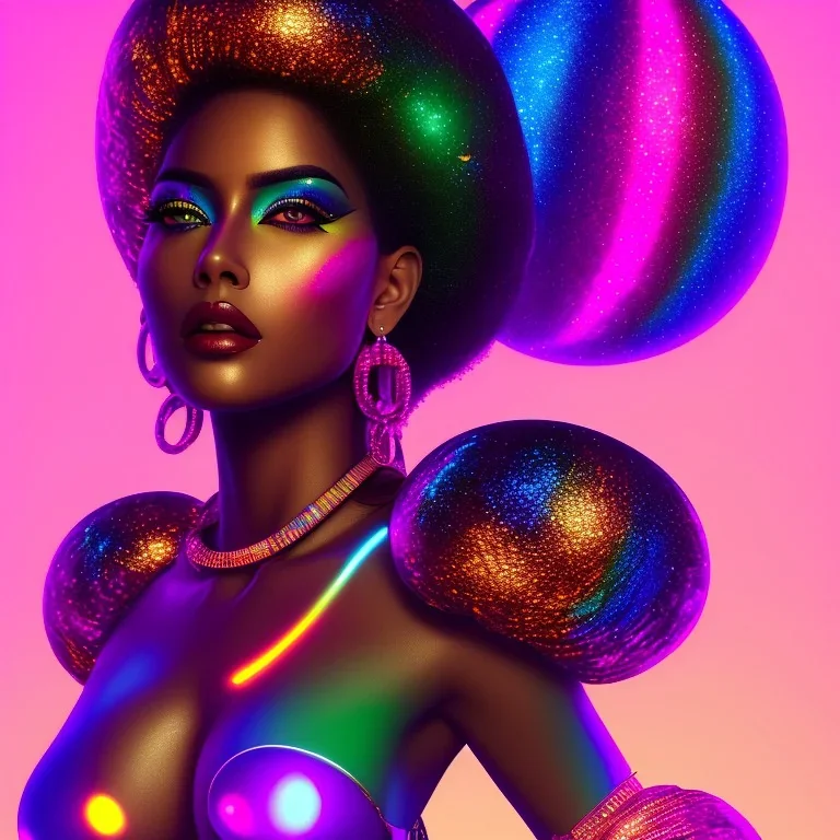 full body shot, masterpiece, best quality, family of three, black skinned, sparkling eyes, fluorescent skin, colorful makeup, disco, highly detailed body, afrofuturism, scifi, sun light, 4K, RAW, depth of field, high contrast, realistic details, 24mm