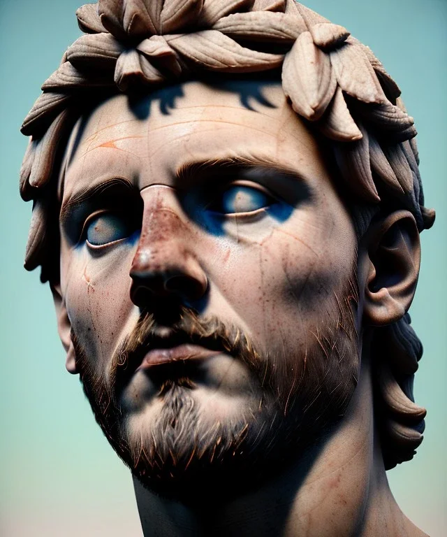 Gran angular, Realistic image, roman sculpture, marble material, Lionel Messi with Laurel wreath model, miguel angel style, emperador, God light, god rays, 4k resolution, perfect details, ornate details, soft lighting, unreal engine 5, soft cyan background.