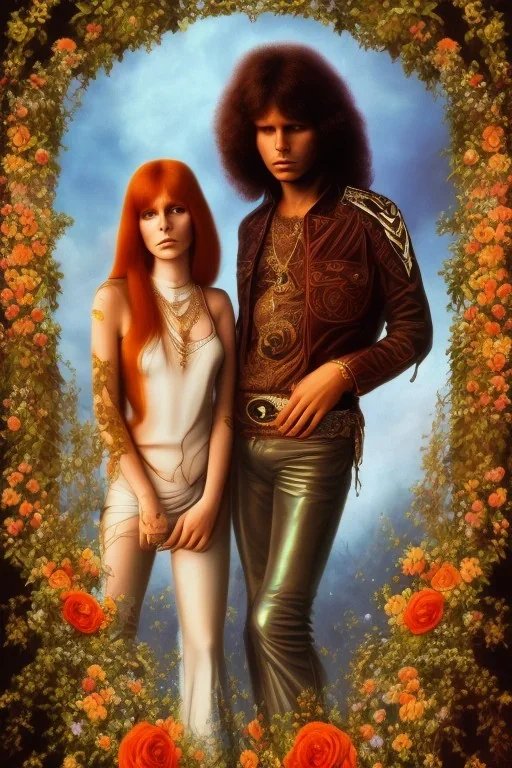 Jim Morrison and Pamela Courson ,music, ignoreNSFW, watermark, bohemian style , blurry,beautiful,elegant,roses, fantasy