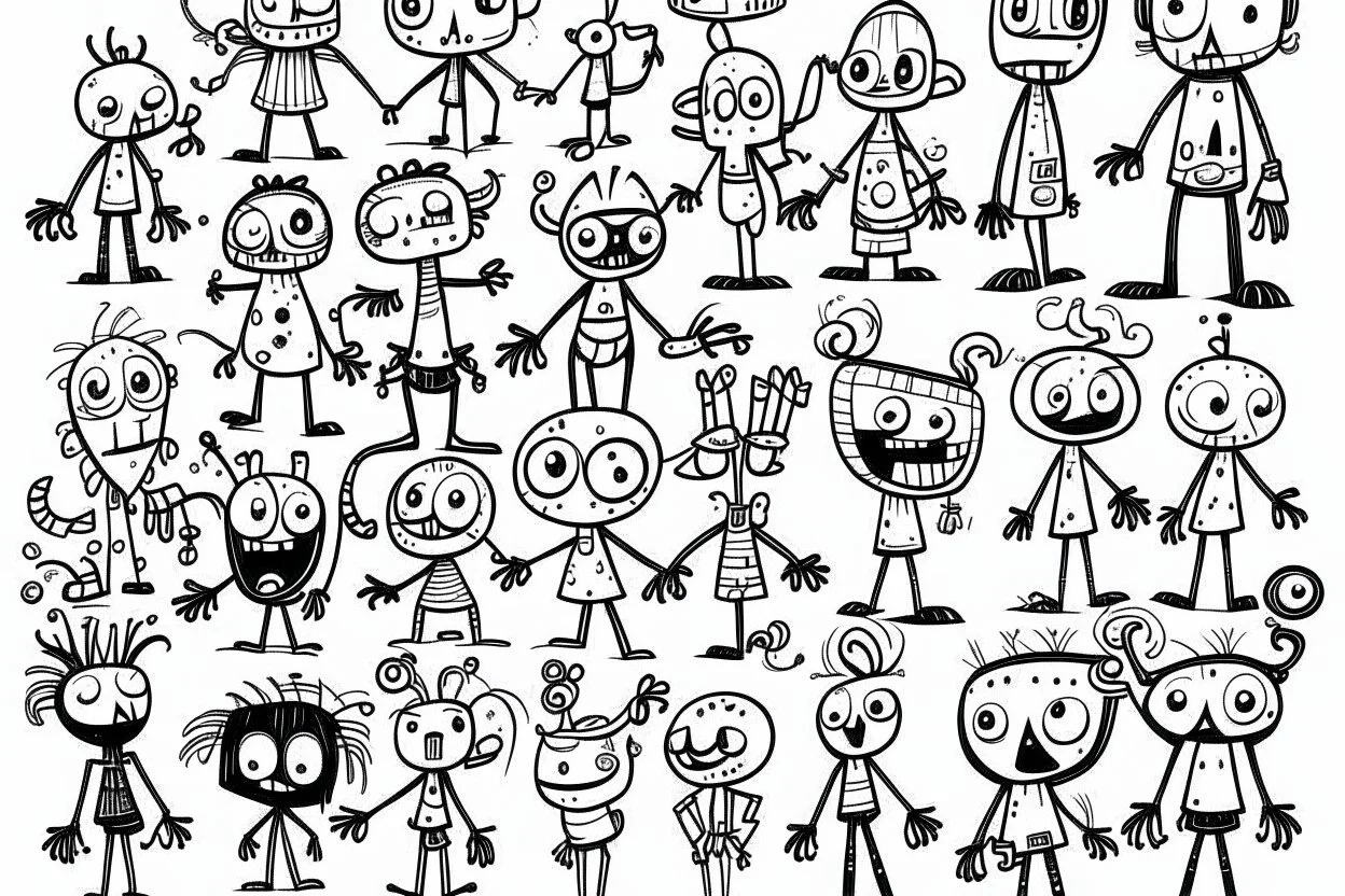 make a bunch of simple hand-drawn spooky and cute cartoon characters with bodies arms, and legs I could draw and make them all different