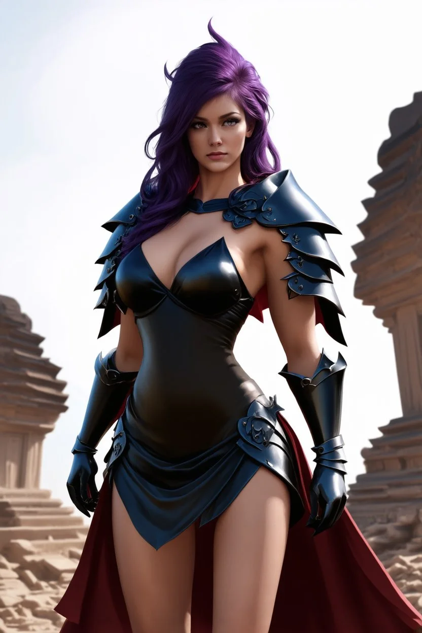 super beaty woman, good body, a lot big bubs, nice body, purple long haired, model style, milf, dress a small BLACK armour, asiatic, cape, rude mode, stay on ansient temple ruins.