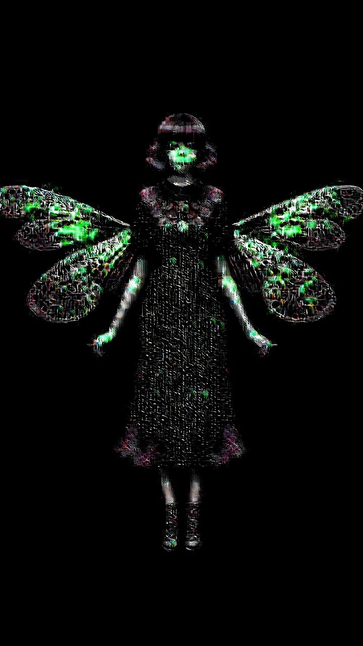 Full Body, Art Nouveau Woman With A Bob With A Fringe Hairstyle, 1920s Clothing, Steampunk Metal Moth wings, Black Background