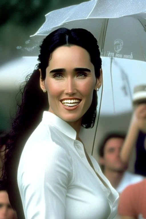 Beautiful 25 year-old Jennifer Connelly standing outside in a rain shower with no rain-coat, umbrella, or hat, with her head tilted up to the sky, her tongue sticking out and catching raindrops