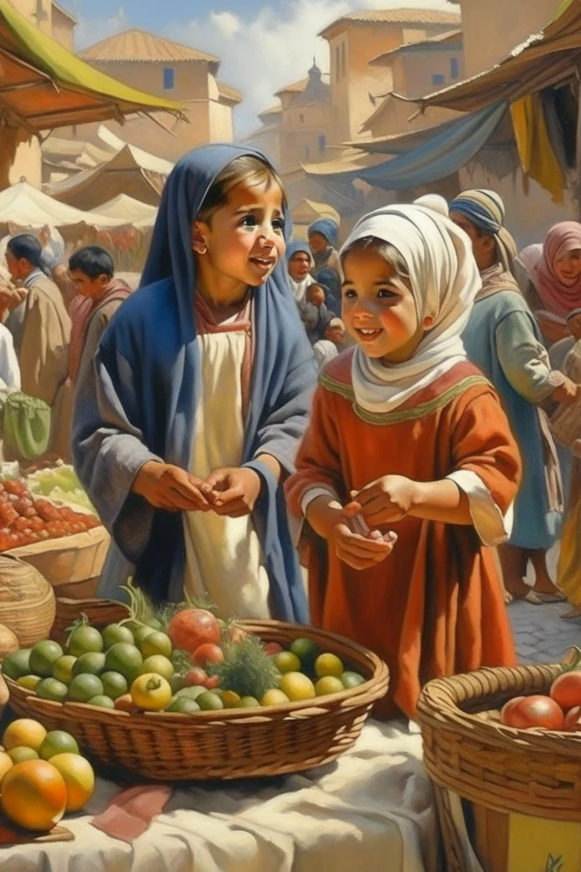 oriental arabic childeren at a market in a distance panting neoclassism