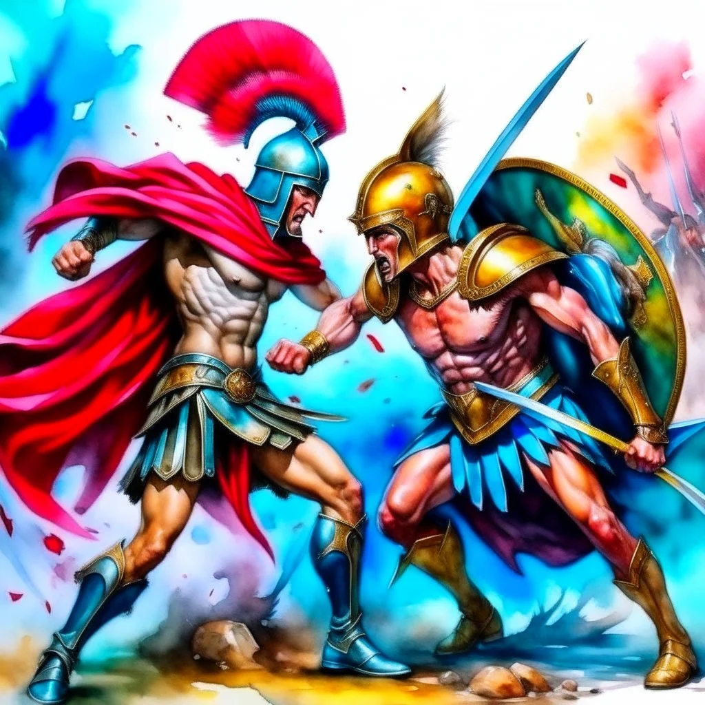 Achilles fighting Hector in the Trojan War, watercolor, ultra quality, hyper detailed, maximalist artwork, 8k