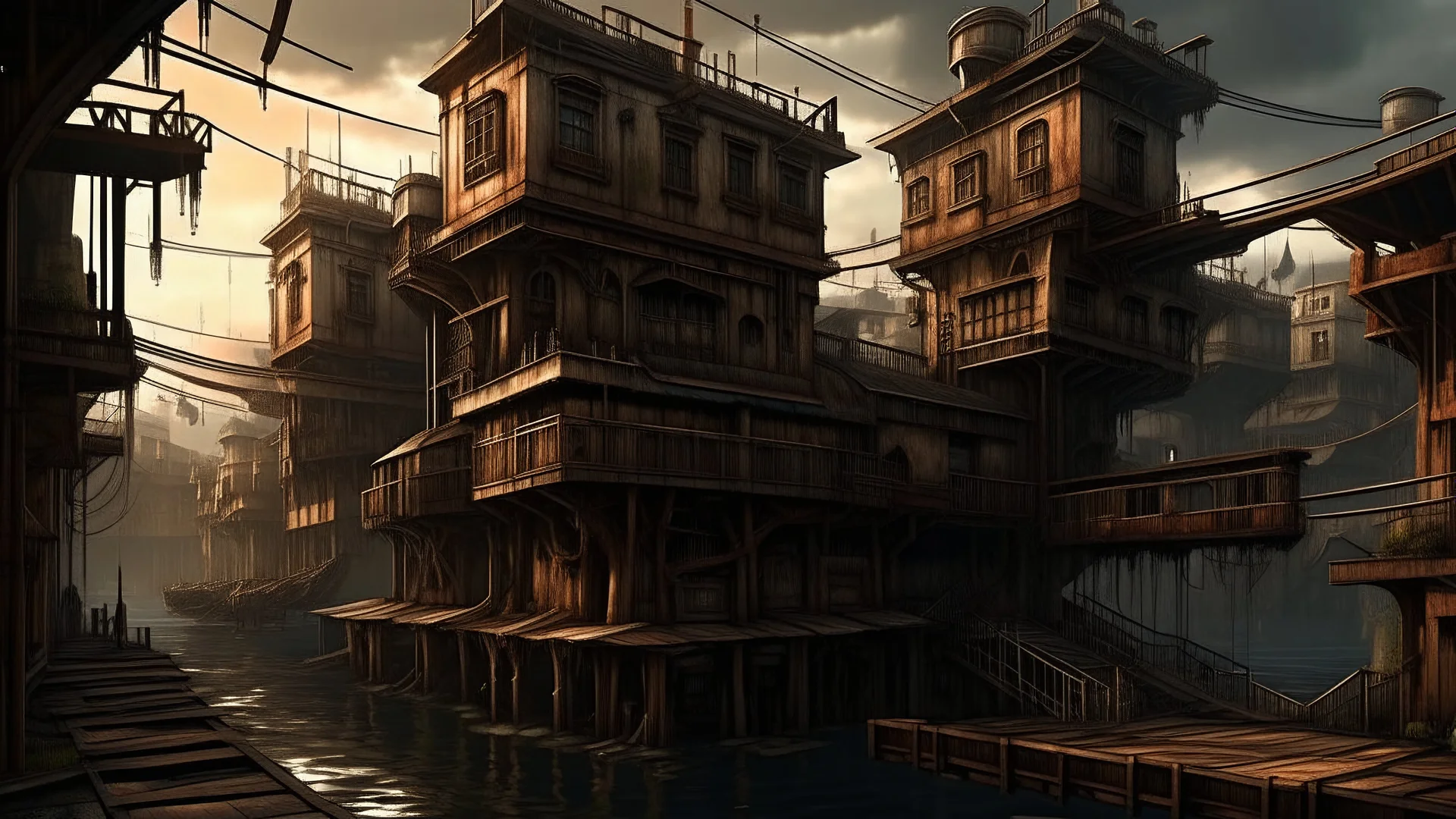 Floating, dilapidated city, steampunk aesthetic, evening light, complex architecture, medieval-inspired building, rustic wooden buildings, small, irregular windows, textured walls, grey, brown, and muted tones, rusty metal roofs, overlapping structures, train cars on the roof, glowing windows, wooden balconies, dark skies, dramatic lighting, floating city. Industrial, atmospheric. Detailed, high-resolution, intricate, fantasy, dark, steampunk city scene, aerial perspecti