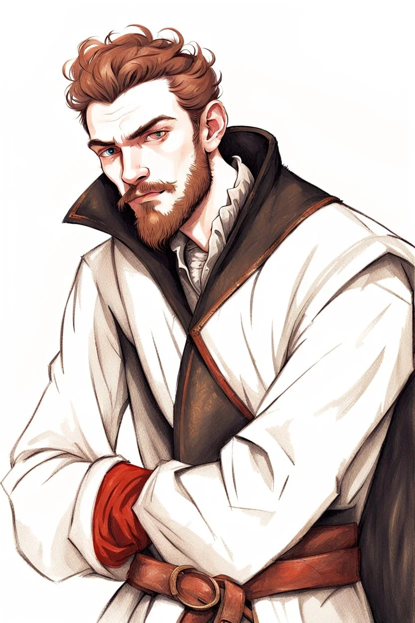 man, age 20, medieval, fighter, russian, croocked nose, czar, rich, simple clothes, short messy hair, thick beard, oligarch, leather coat with fur, brocade clothes, pencil drawing, black or red hair, muscles