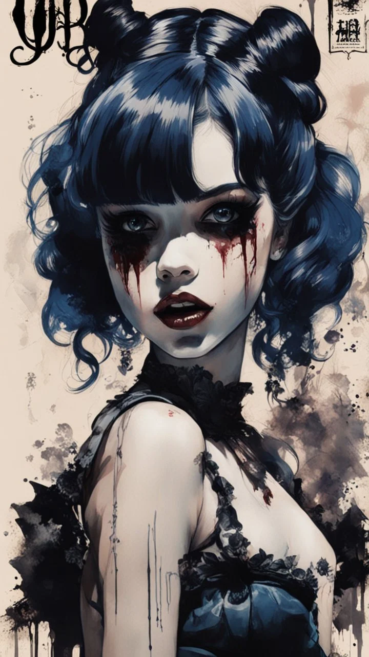 Poster in two gradually, a one side malevolent goth vampire girl face and other side the Singer Melanie Martinez face, full body, painting by Yoji Shinkawa, darkblue and sepia tones,