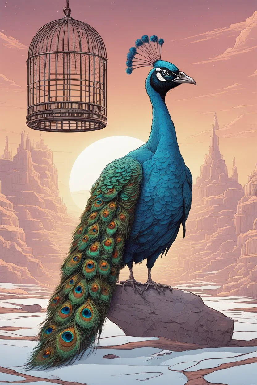 Surreal hat which is a bird cage with a giant peacock in it, surreal concept art, by Moebius, by George Grie, by Dan Mumford, concept art, hyperreal, cool complementary colors, unreal engine 5.