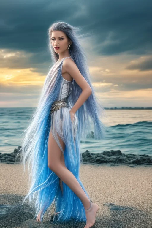 half body shot,realistic portrait of a 20-25 old caucasian model, long blue pink flowing hair, great grey eyes, blue leather jacket,full body, short white skirt,long legs,standing at beach of very nive lake with sunset ,clouds,godrayes