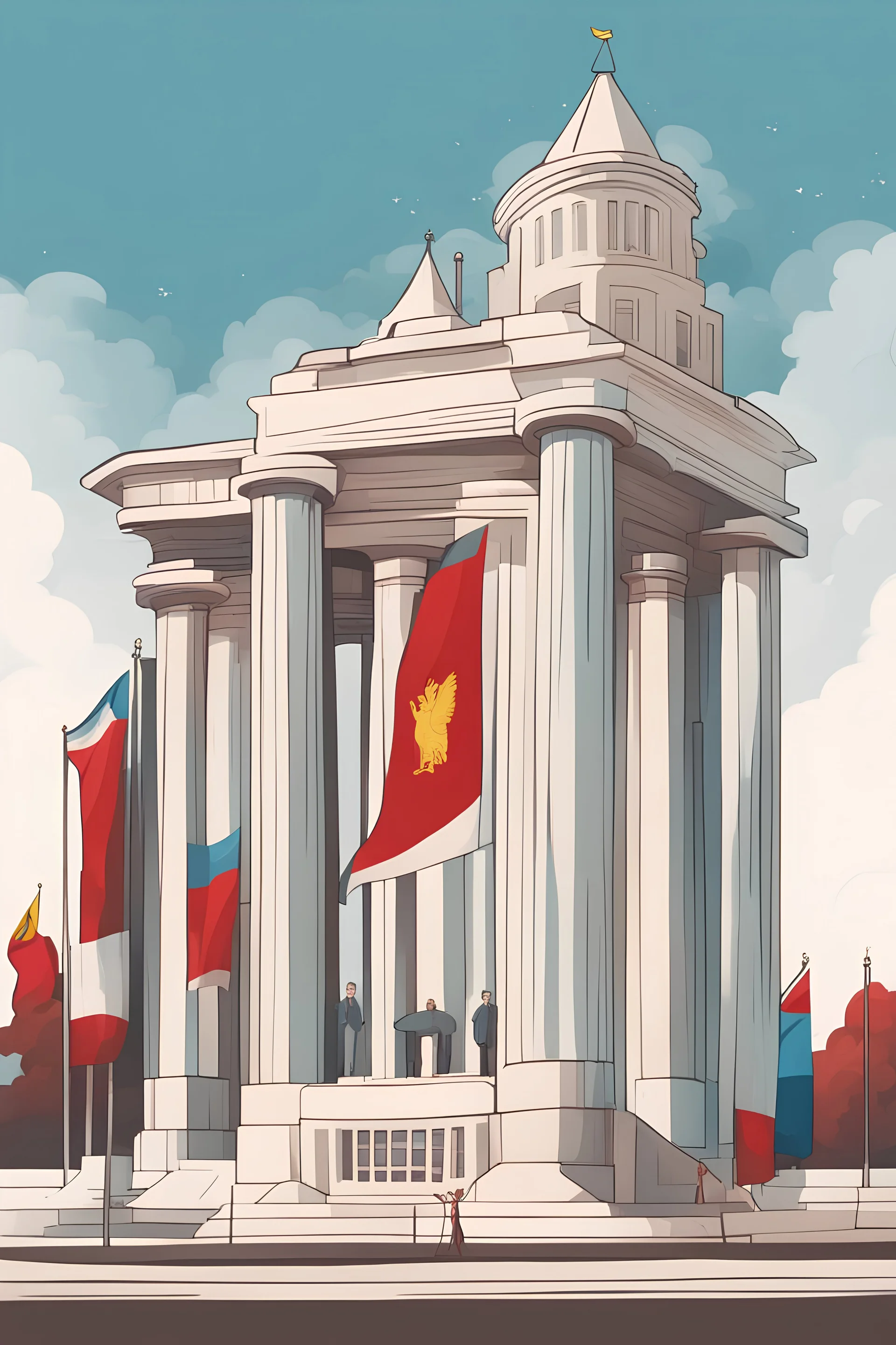 A clipart illustration for a childrens book; a stylized government building with pillars; a Lithuanian flag, a Latvian flag, an Estonian Flag, a Polish flag;