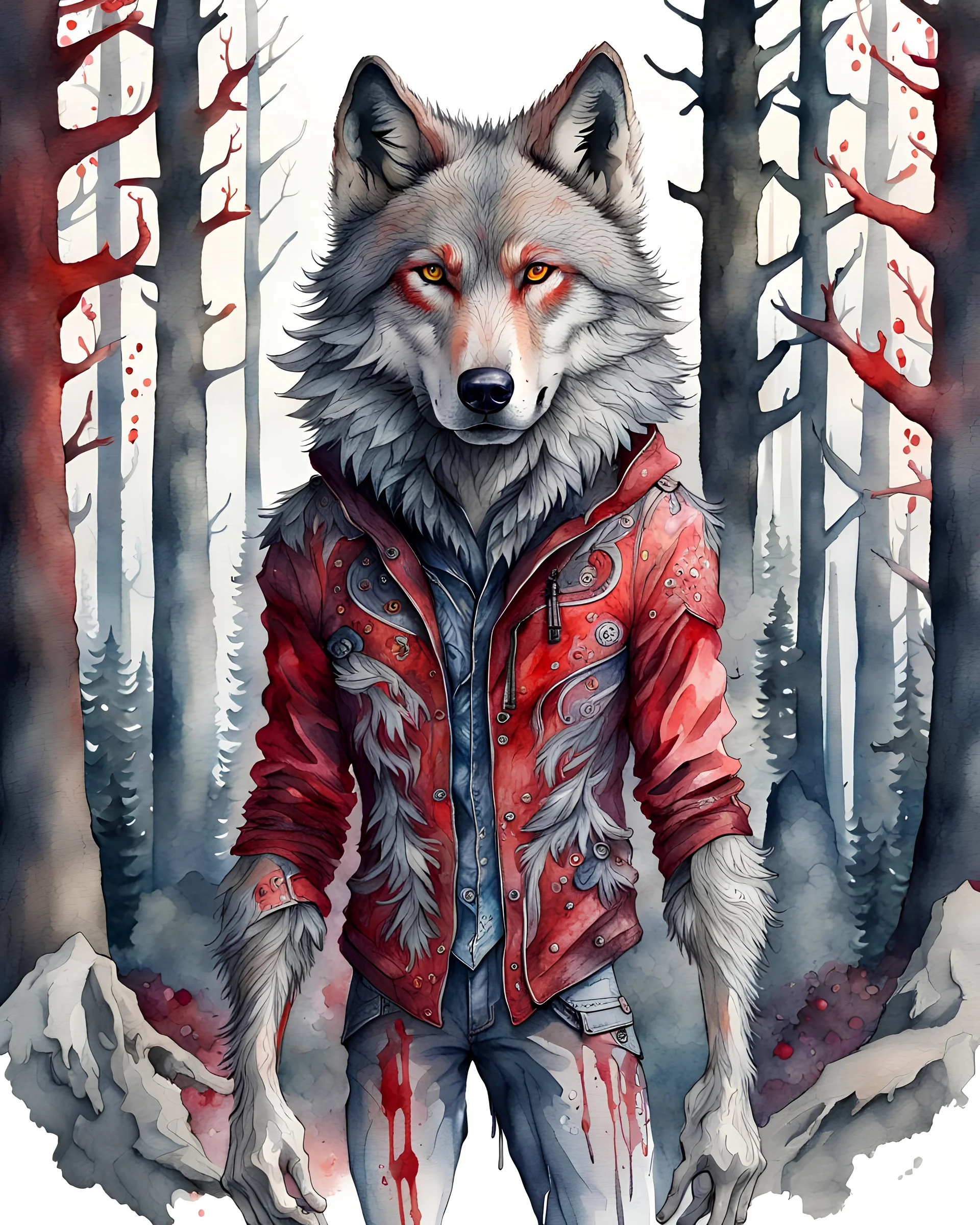 Wolf humano, acuarela calidad ultra, hiperdetallado, intrincado, maximalista, colores plateado y rojo, 8k cuerpo completo, bosque