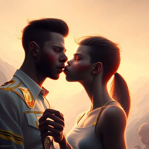 Boy and girl, kissing, sun, happiness, 8k resolution concept art portrait by Greg Rutkowski,