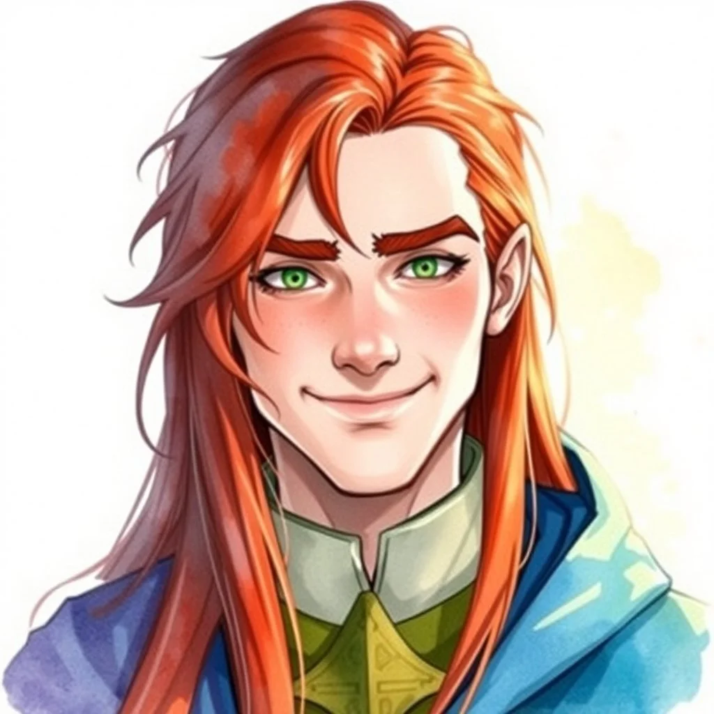 dnd, fantasy, watercolour, portrait, illustration, male, face, green eyes, young, determined, happy, priest, red hair, very long hair, radiating light, five o'clock shadow