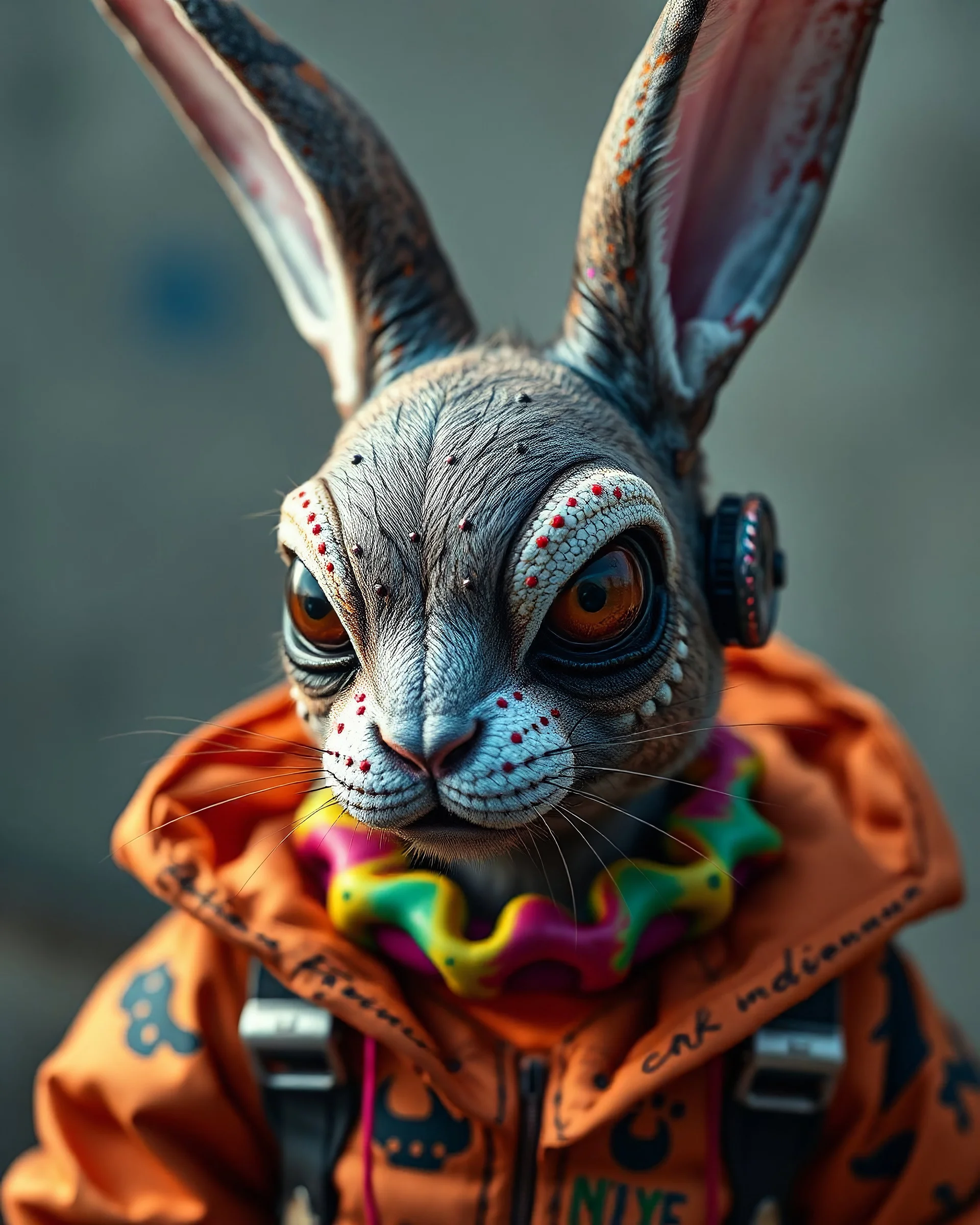 a zombie bunny with a colored collar, in the style of cyberpunk futurism, playful yet dark, colorful costumes, lit kid, honeycore, made of insects, ultra realistic, real skin, real hairs, brightly colored graffiti-esque --ar 4:5 --v 6.0 --style raw