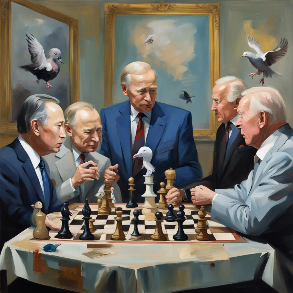 Putin, President Xi Of China And Joe Biden Play Chess With A Pigeon,Ufo And Atomic Bomb Mushroom Cloud,Complex Surgical Instruments Intermixed With A Newborn Boy,Minimalism,Painting By Adrian Ghenie,Rene Magritte,Pablo Picasso,Michelangelo,Salvador Dali,Lucian Freud