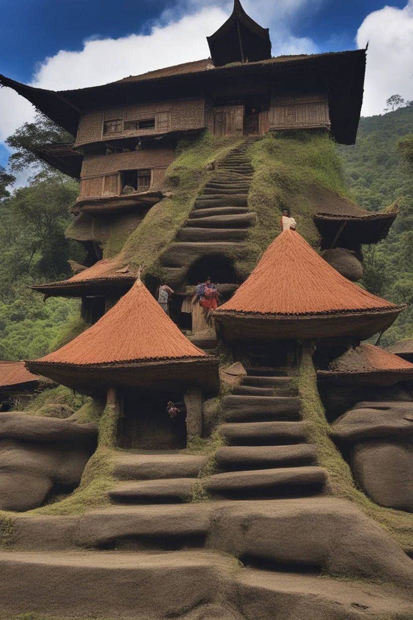 Fantasy place of Happy Torajan people in front of Tongkonan house celebrating something