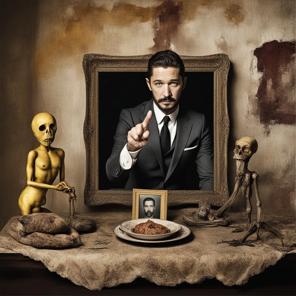 Shia LaBeouf points at other Shia LaBeoufs meme, unbalanced, warm colors, by Ben Goossens, creepy, warm colors, weirdcore, opulent shadows, expressionism, polaroid, by Joel-Peter Witkin