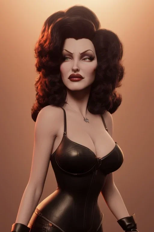 Rita Hayworth as evil queen in black leather, busty, cleavage, curvy, angry, stern look. character design by cory loftis, fenghua zhong, ryohei hase, ismail inceoglu and ruan jia. unreal engine 5, artistic lighting, highly detailed, photorealistic, fantasy