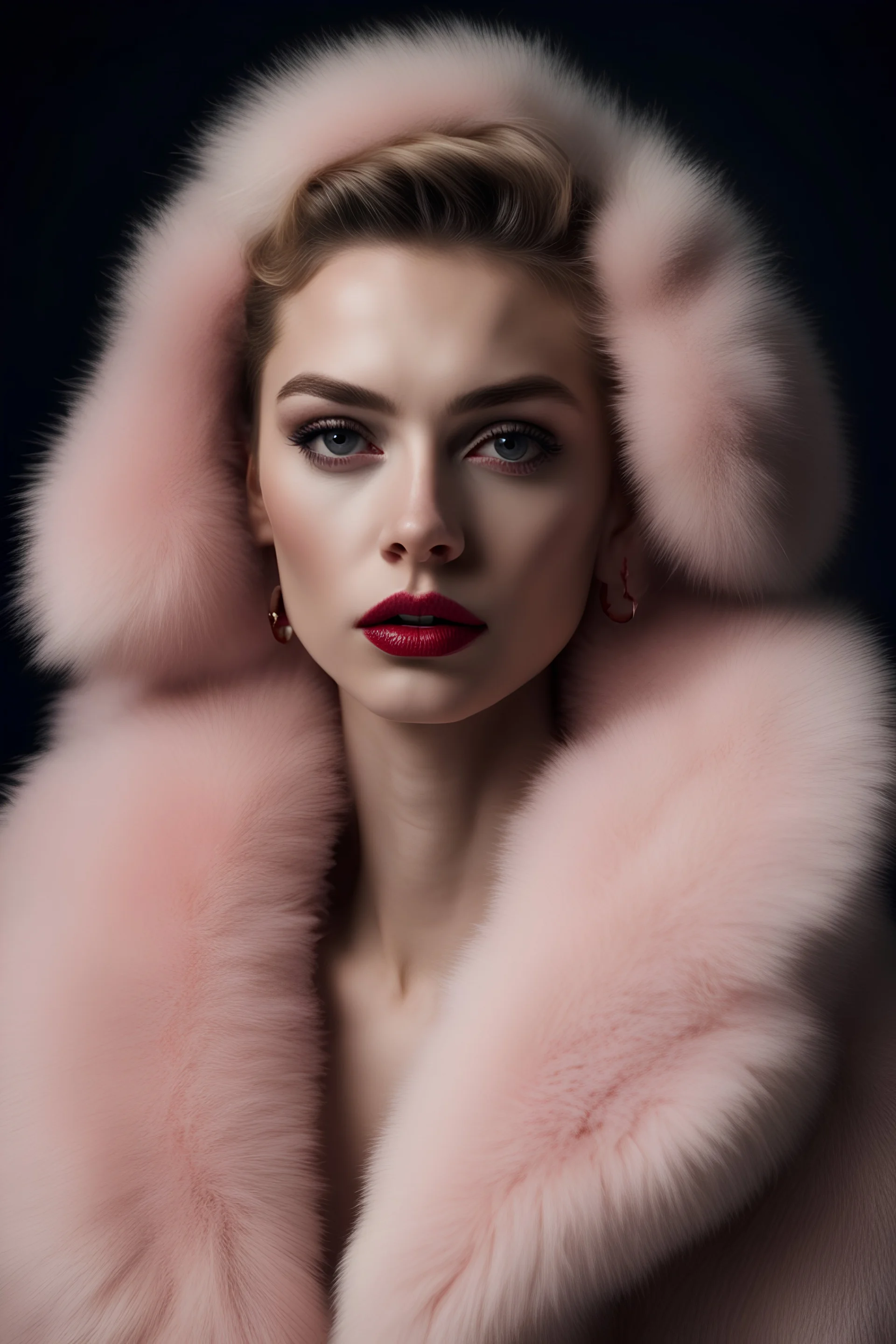 Minimalistic portrait of a beautiful woman with red lips and cold big eyes wearing earrings, a light pink fur coat in a haute couture style isolated on a dark background, cinematic lighting, ultra-realistic, shot in the style of hasselblad