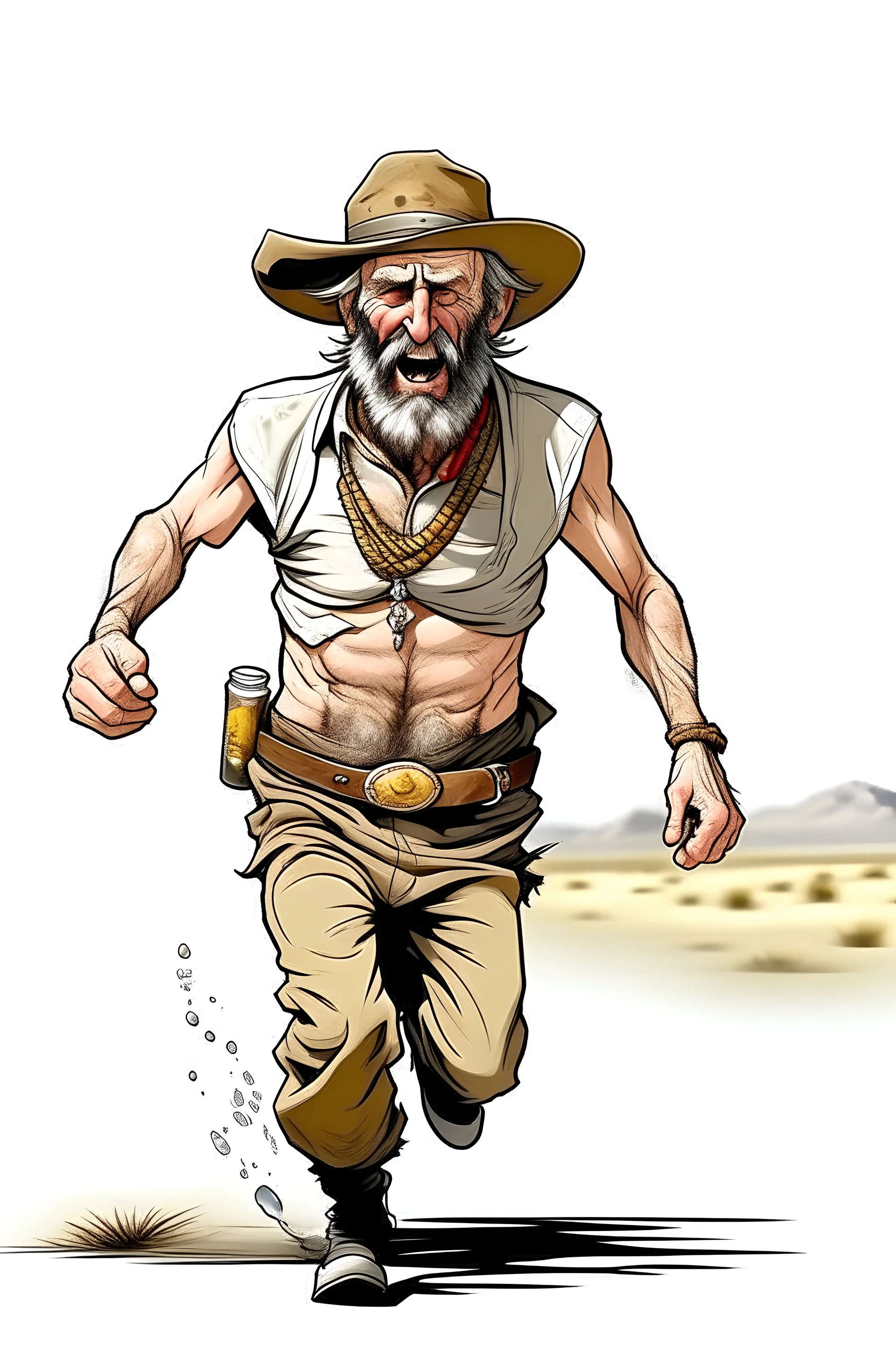 runner with Bottle Bare drunk old cowboy in pants