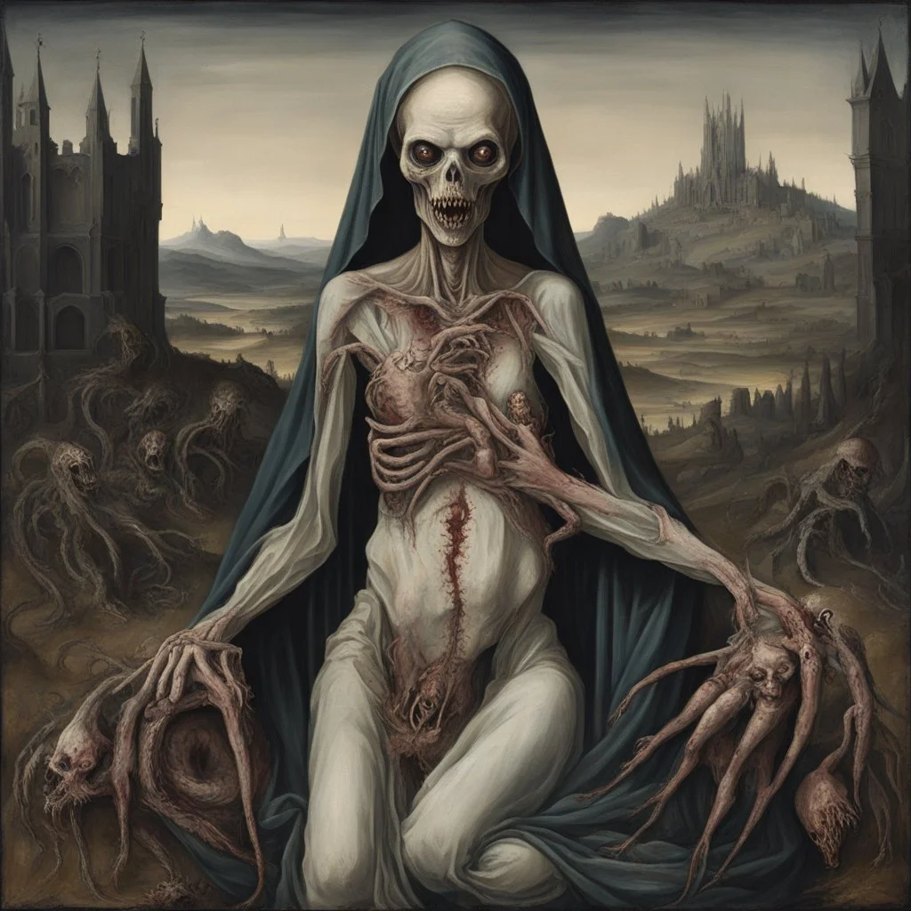 medieval painting depicts a decaying zombie Madonna figure with rotting flesh sitting upright while cradling a grotesque, otherworldly xenomorphic body with multiple tentacles. The zombie Madonna wears tattered, grey robes revealing decomposed skin, while the xenomorphic creature has pale, elongated segments and distorted features. The background shows a dark, twisted landscape inspired by Arnold Bocklin's composition style, with gnarled trees and swirling clouds reminiscent of Hieronymus Bosch