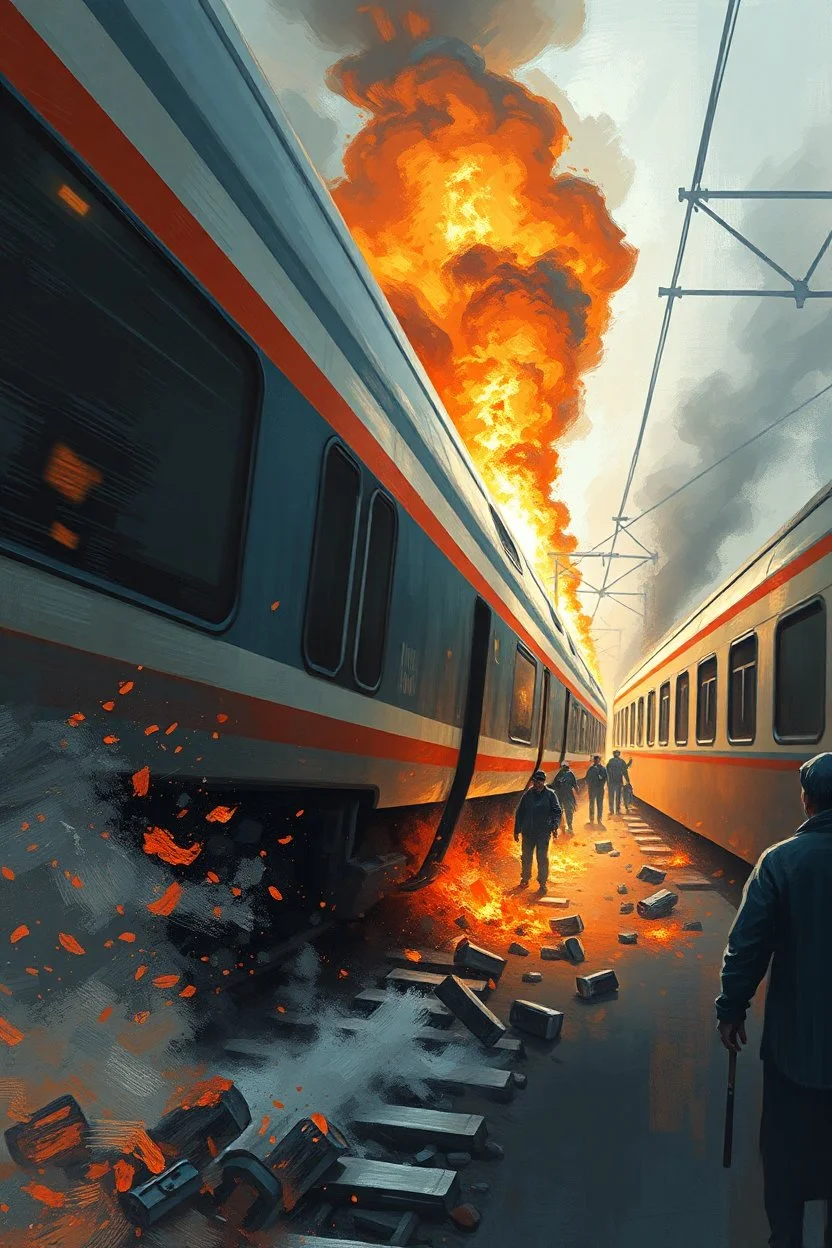 A modern fast train collided with another train causing chaos and fire people are dying in dramatic action view with oil paintings style of hard brush and high quality picture with high resolution 8k
